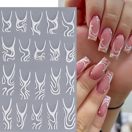 4Pcs White Swirls Lines Nail Stickers 5D Micro-Embossed white swirls lines