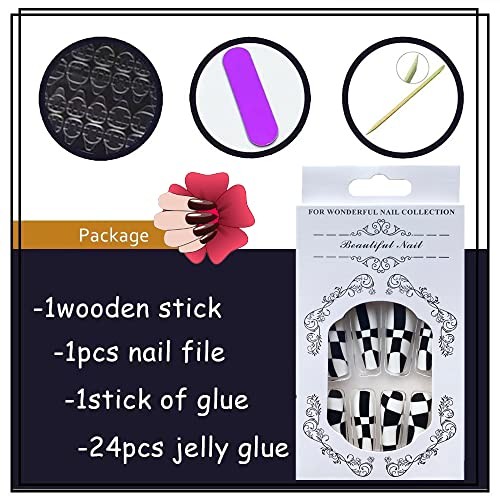 24Pcs Coffin Press on Nails Long White Fake Nails with Nail Glue Glossy Black