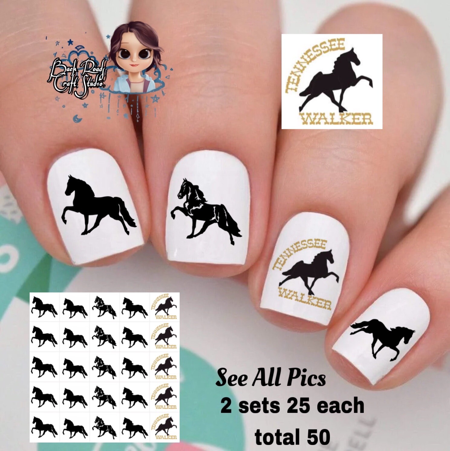 TN Walker Horse Waterslide Nail Art Decals Set Of 50, Instructions Bonus