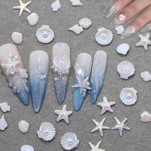 200pcs 3D Summer Ocean Resin Nails Charms White Starfish Seashell style09