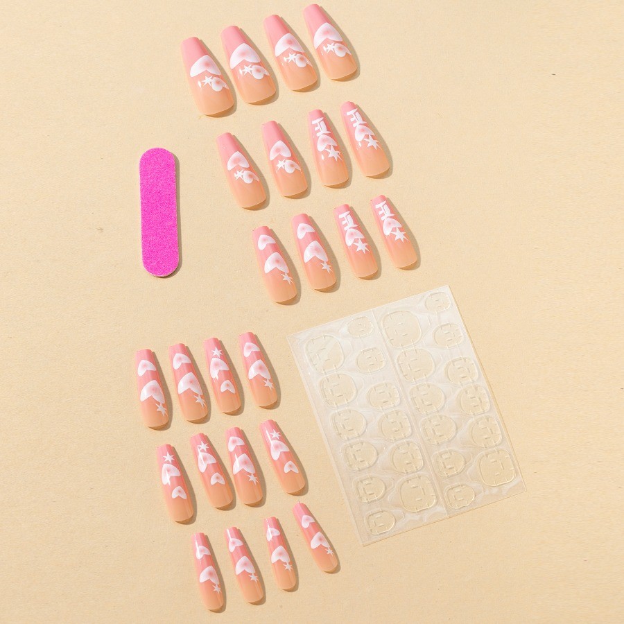 48pcs-Pink Press on Nails Ombre Heart Star Long Square Daily Wear Nail Art Set