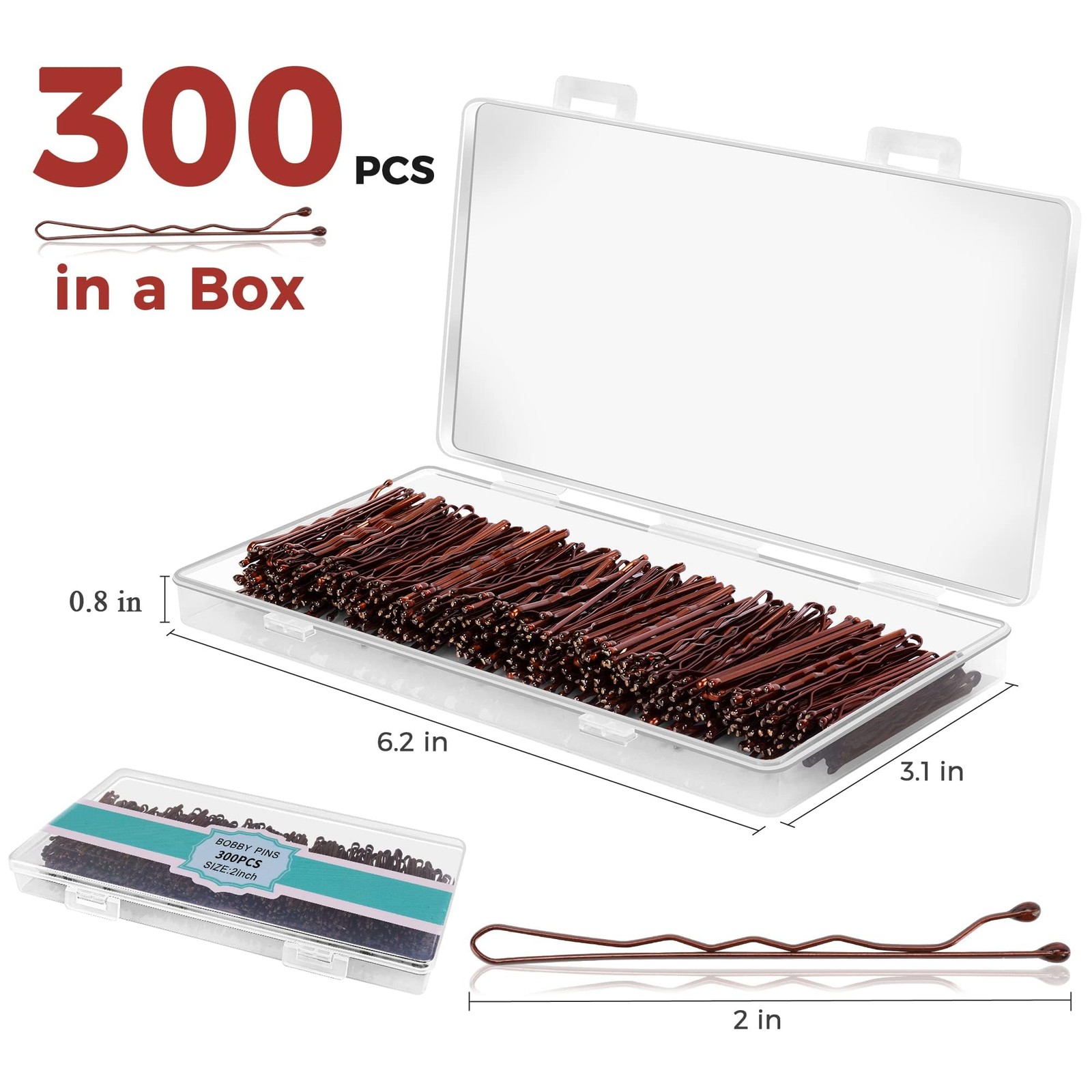 300 Pcs Bobby Pins Brown, EWAGOA Hair for 1 Count (Pack of 300), Brown