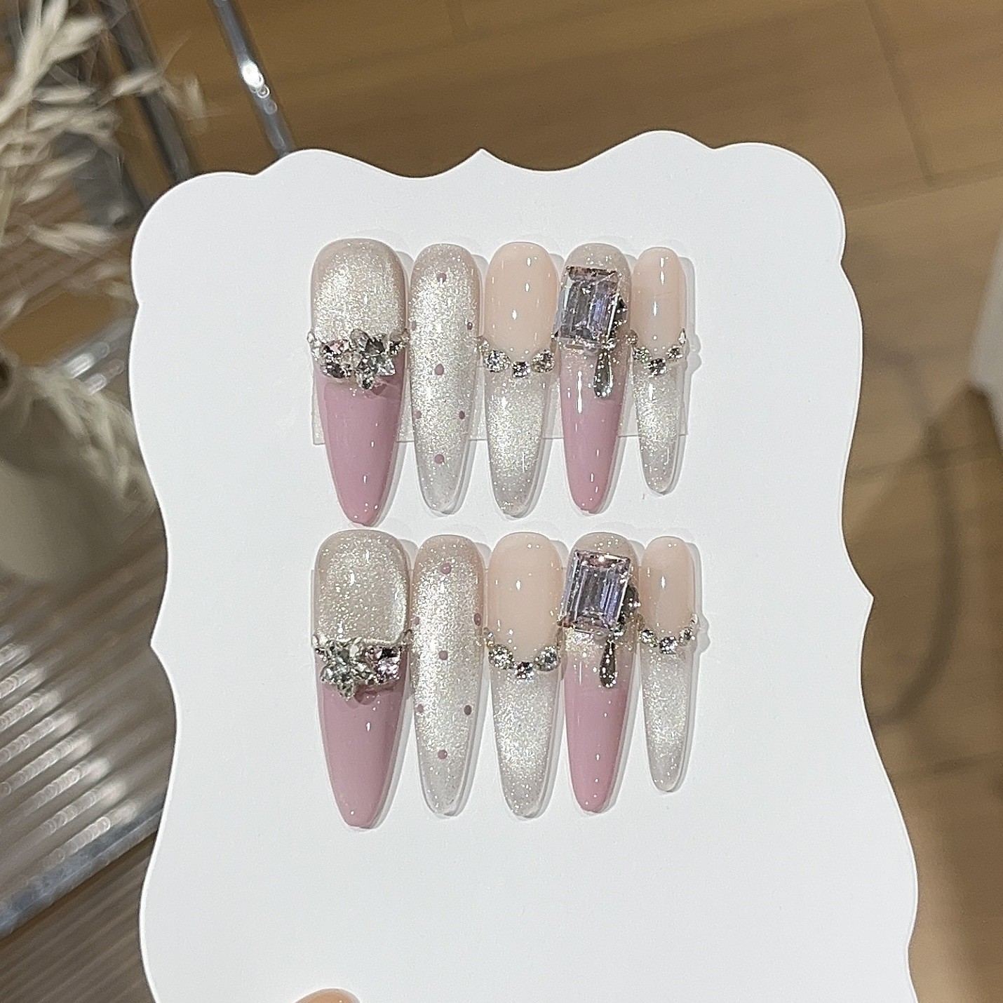 10Pcs Handmade Purple French Cat Eye Oval Nails K9 Rhinestone Summer Party