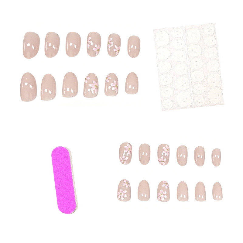 48pcs Short Round Press on Nails, Nude Pink Tiny Daisy Casual Daily Nails
