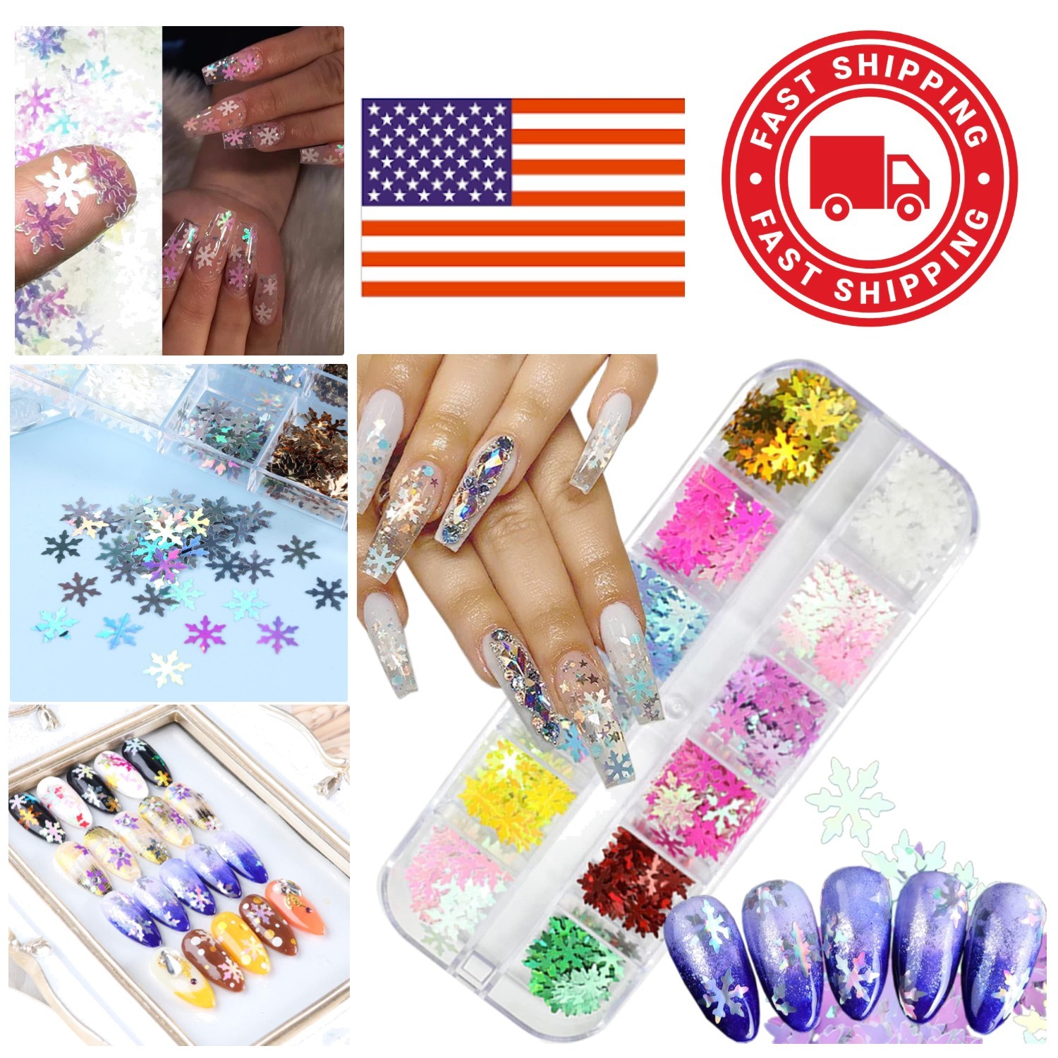 3D Snowflake Nail Art Sequins 12 Color Glitter Flakes for Christmas Decor