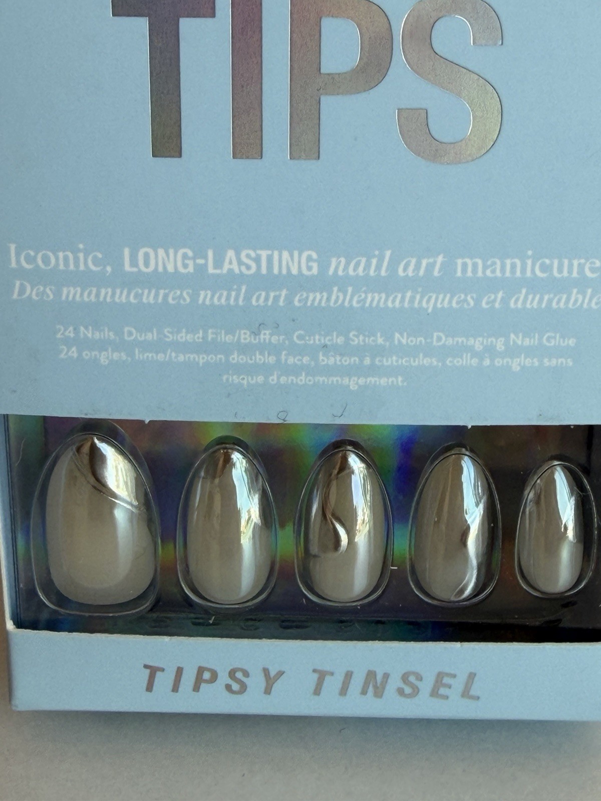 chillhouse Press-On Nails Tipsy Tinsel Beige Silver Shiny Oval Long-Lasting