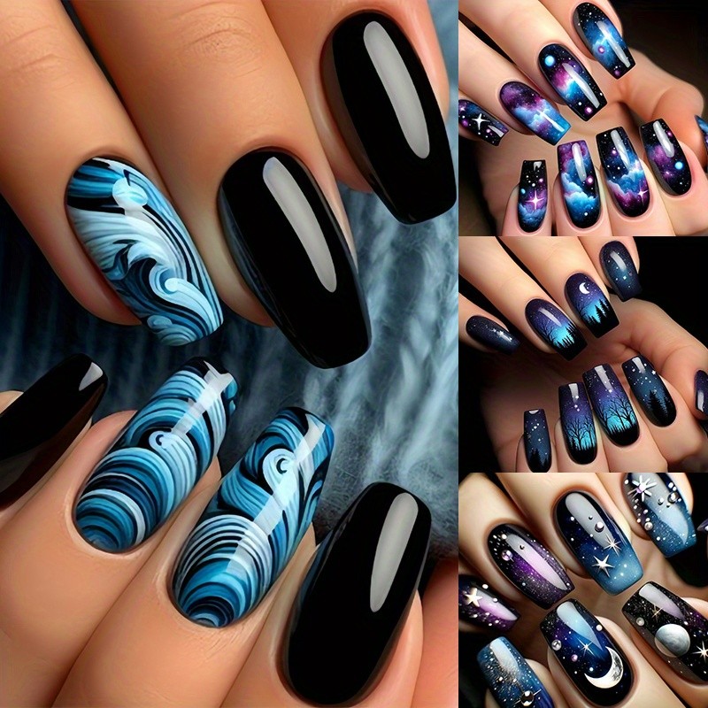 96PCS(4Pack) Cosmic Galaxy Press On Nails Night Sky Ready-to-Wear Wearable Nails
