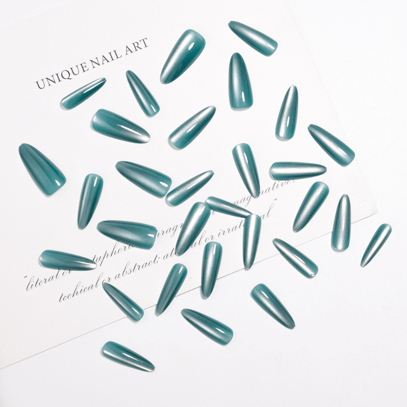 60Pcs Teal Chrome Press on Nails, Long Stiletto Mirror Glossy Fake Nails