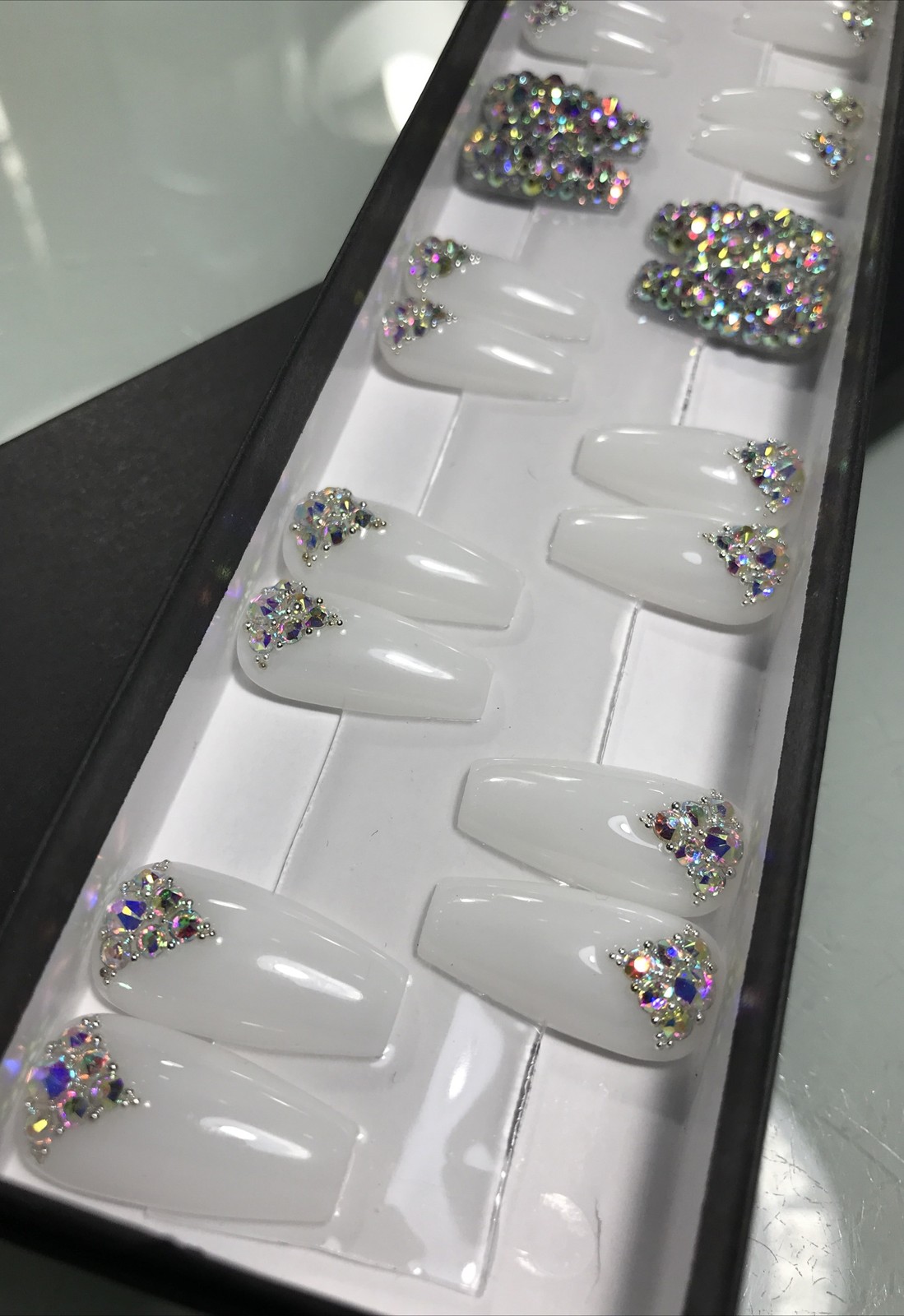 🔥 Press On Nails Handmade- 22 Med Coffin Pink White + Crystal Gel /gel Polish