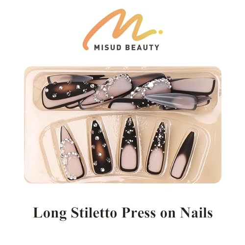Press on Nails – Long Stiletto Glue on Nails with Goth Black 06103-01-02Black