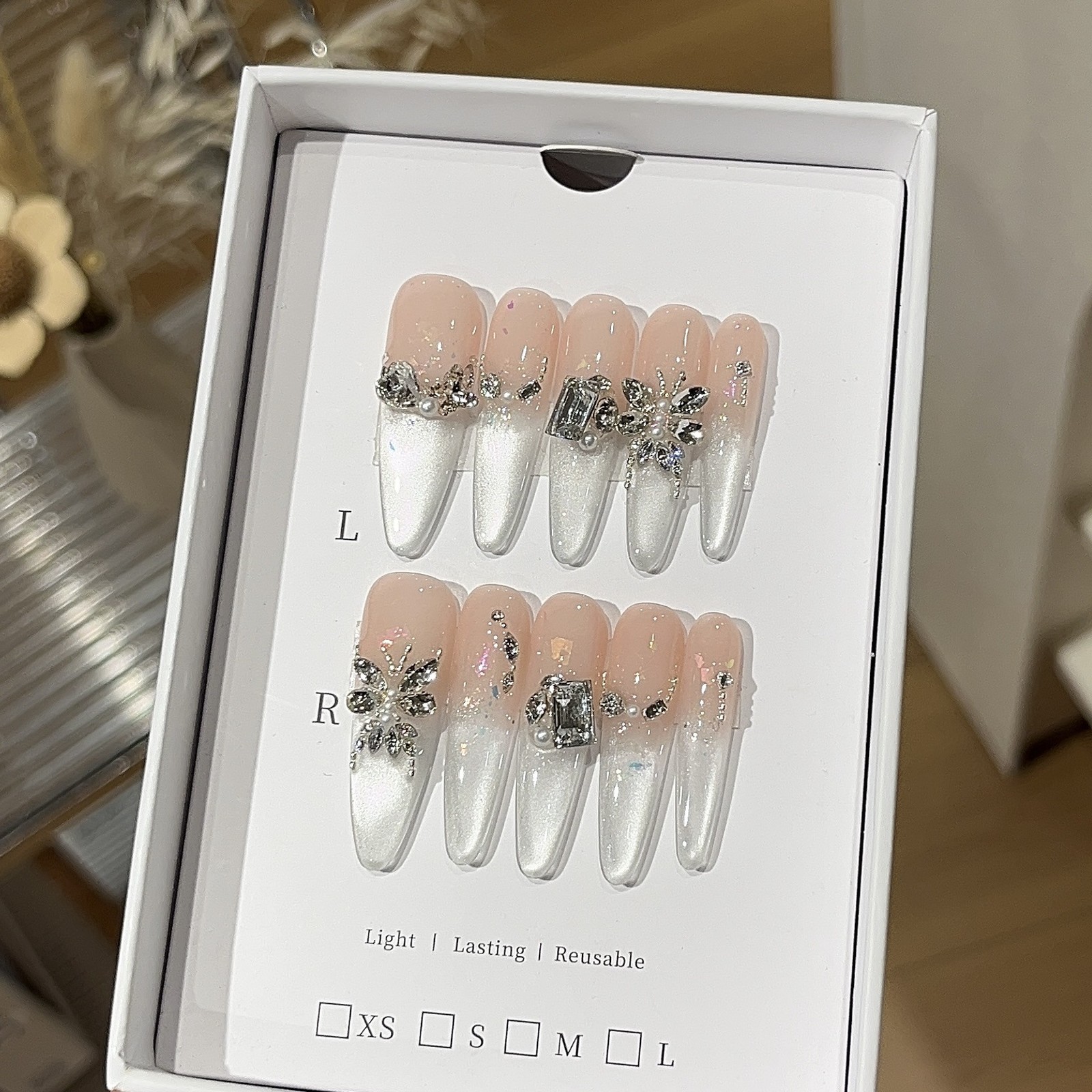 10Pcs Handmade Opal Cat Eye Press On Nails K9 Rhinestone Elegant Daily Wear