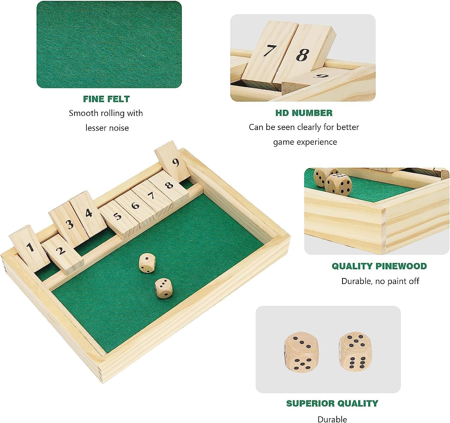 Win SPORTS Wooden Shut The Box Game – Dice 2 Player,Board Large, Wood