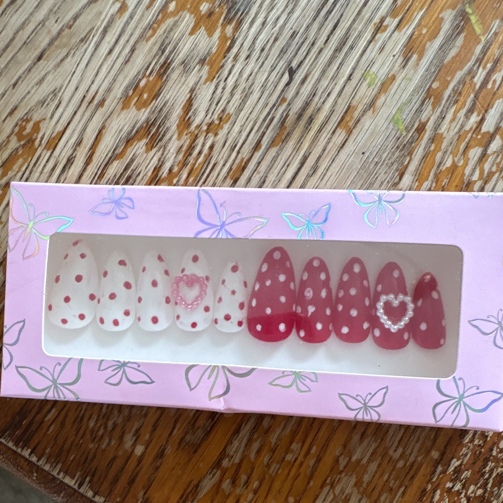 Pink White Polka Dot Heart 3D Pre-Designed Full Cover Almond Press-On Nails