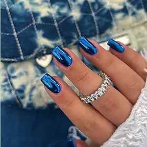 Royal Blue Chrome Square Press on Nails Short Medium, metallic royal blue