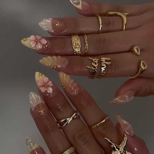 24Pcs Summer Press on Nails Ocean 3D Starfish Flower Fake Nails Summer Starfish