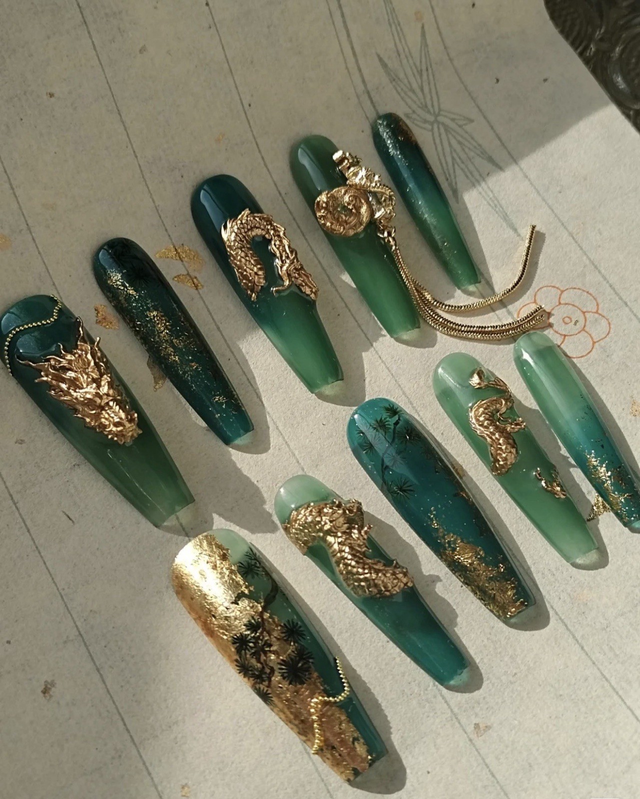 Green Gold 3D Dragon Coffin Press-On Nails Set Long Full Cover Acrylic Shiny.