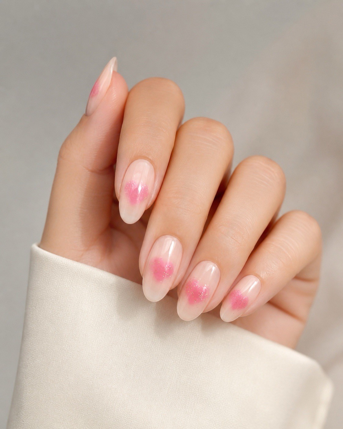 KISS Voguish Fantasy Medium Almond Press-On Nails Ombre Pink Beige Heart FV82X