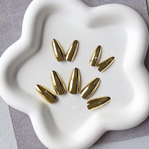 Chrome Gold Press on Nails Medium Almond, Mirror Metal Stiletto almond gold