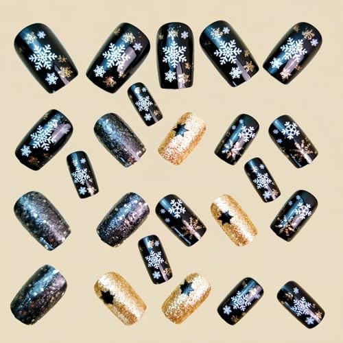 Christmas Press On Nails Medium Black Fake Nails Square christmas-medium13