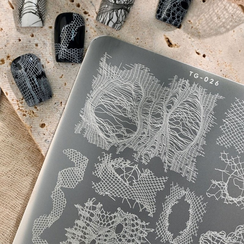 Reusable Nail Plate Checkered Lace Pattern Manicure Stencil Easy Transfer Design