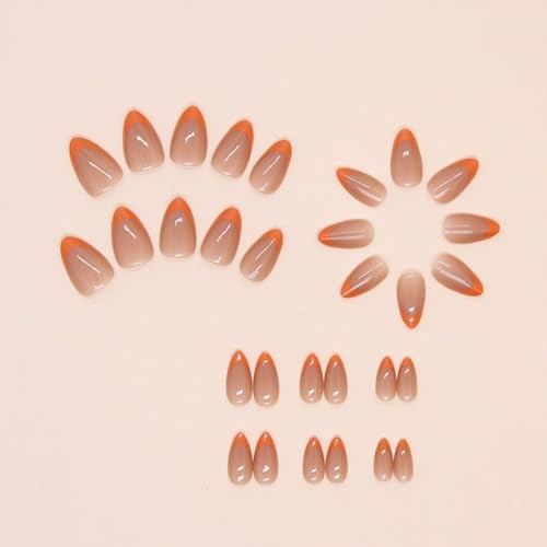 30Pcs Short Almond Press on Nails French Tip Fake Nails Orange Acrylic A10