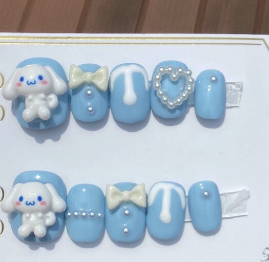 Reusable Homemade press on nails, Hand printed, Blue, Animal,dog, Size Small