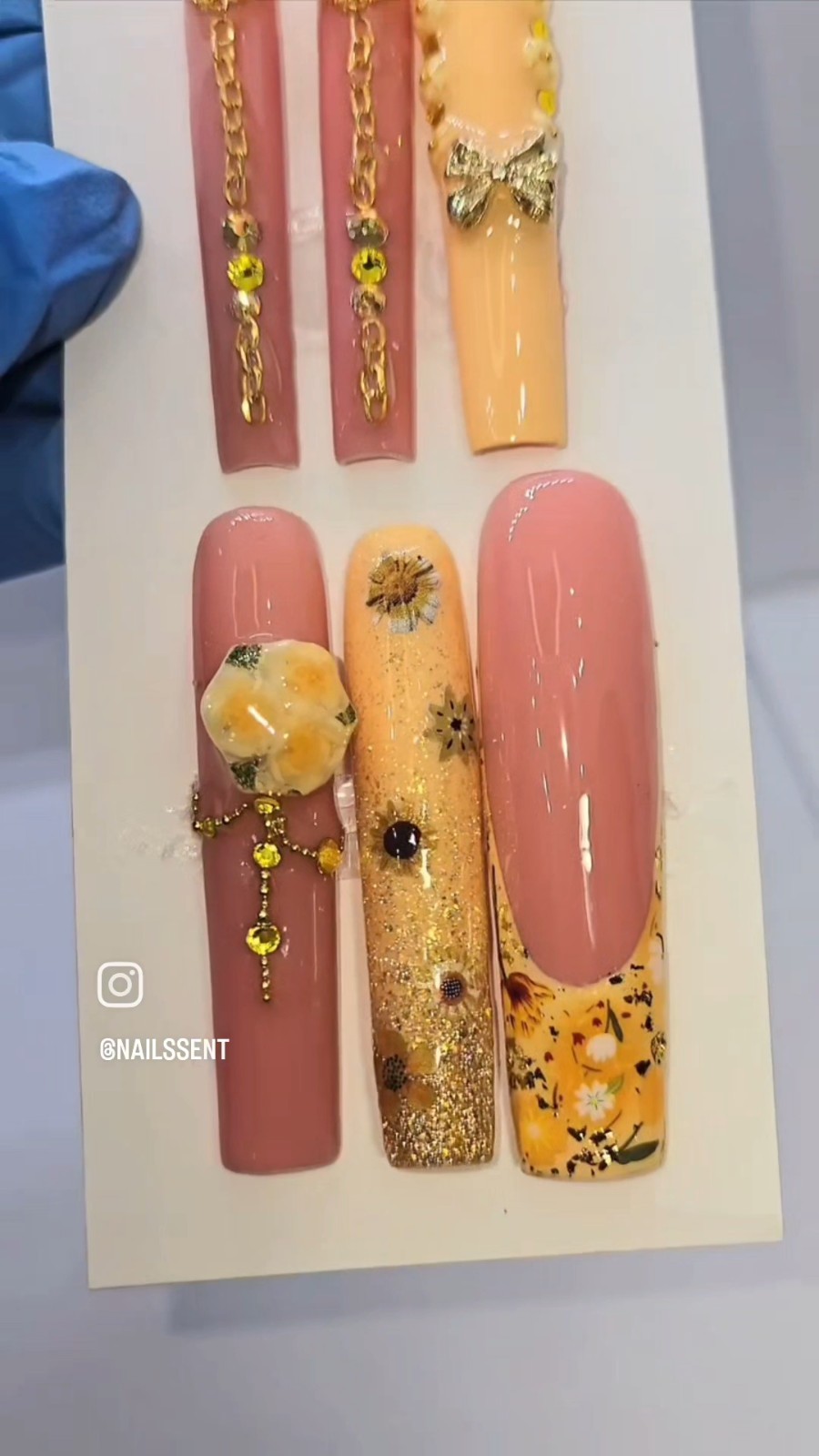 HANDMADE YELLOW PRESS ON NAILS 3XL SQUARE FRENCH PROM WEDDING FLORAL W/KIT