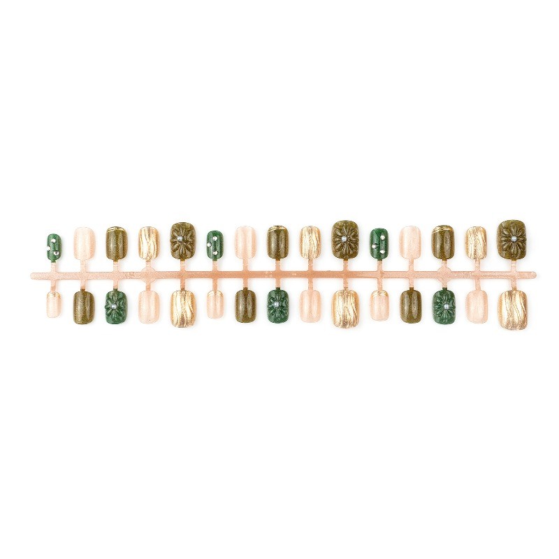 30Pcs-Dark Green 3D Flower Short Square Press on Nails Metallic Rhinestone Tips