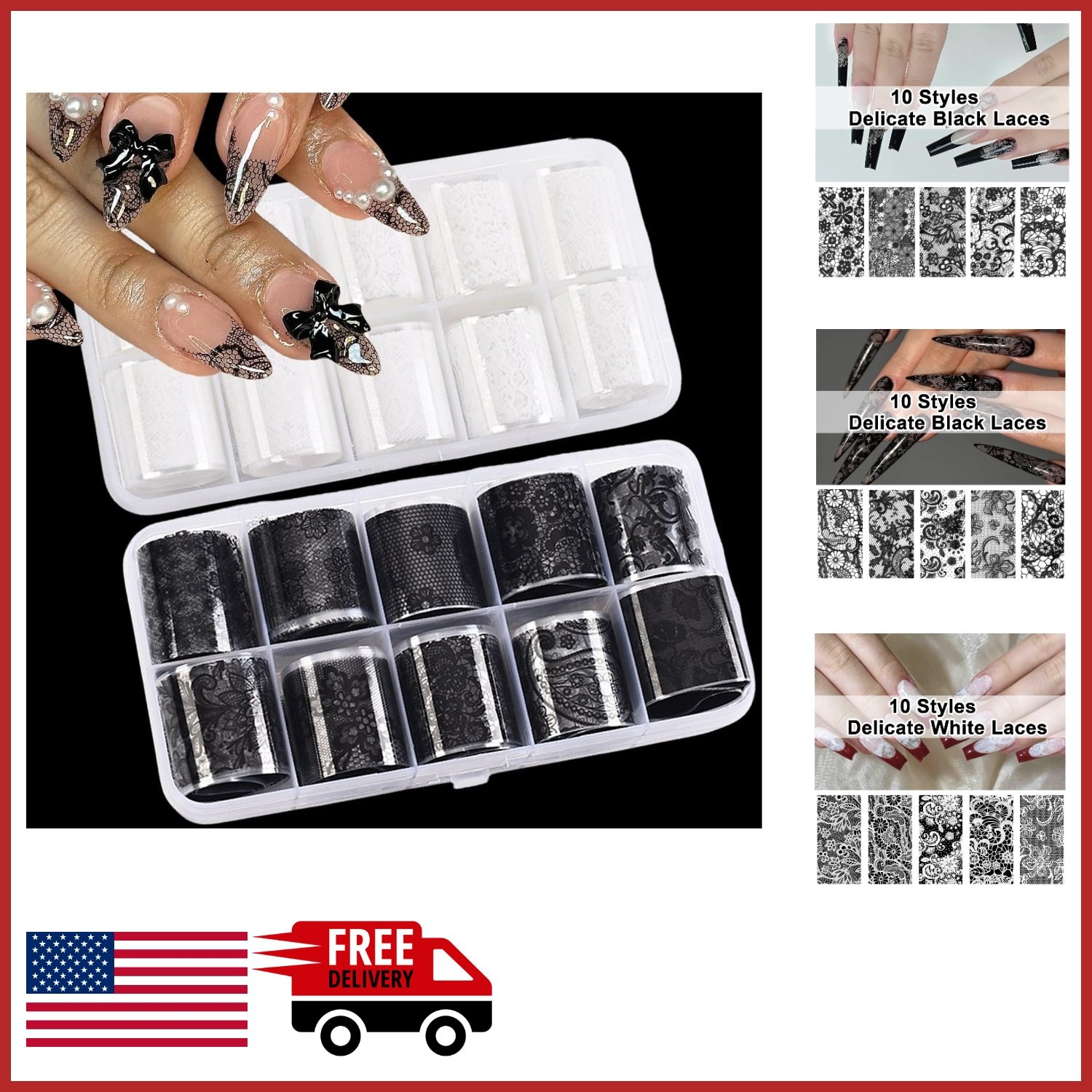 Holographic Lace Nail Foil Sheets 20 Rolls for DIY Nail Art Black and White