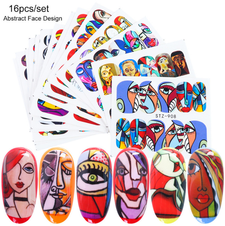 16Pcs Nail Art Stickers Water Decals Transfer Abstract Face Eye Design NS5