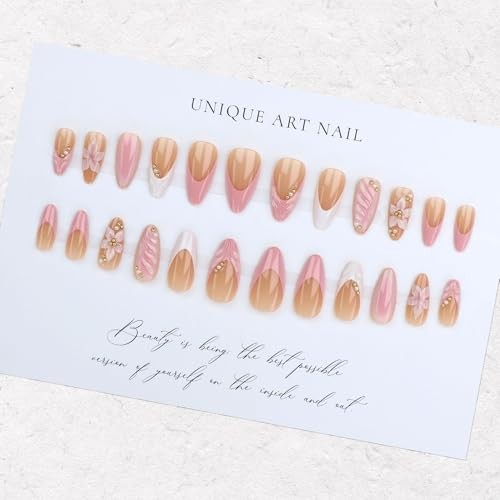 Almond 3D Pink Press on Nails – Medium French Tip Fake Nails – Flower