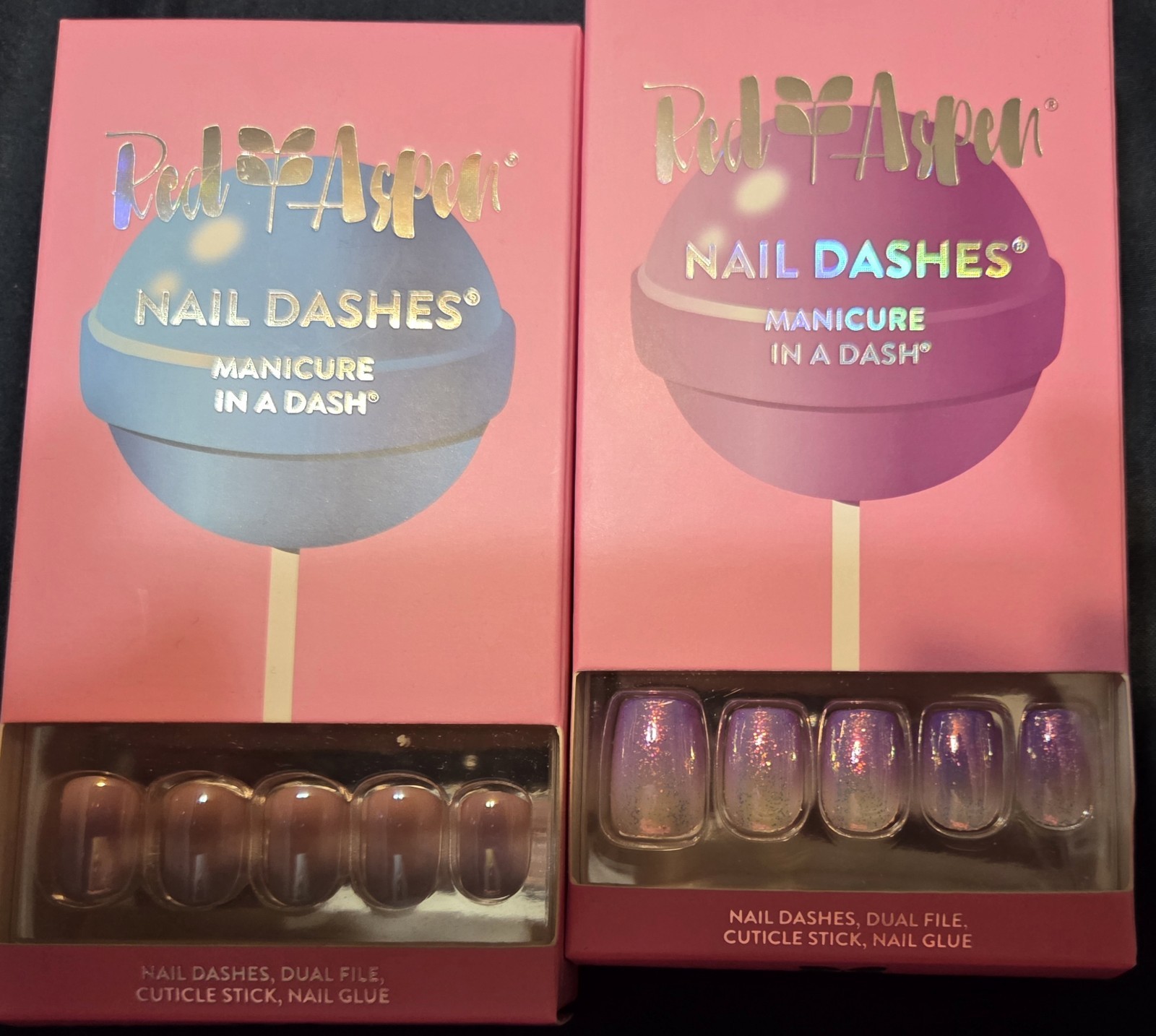 32 Sets of Red Aspen Press-On Nails including Acrylic and Multicolor Glitter