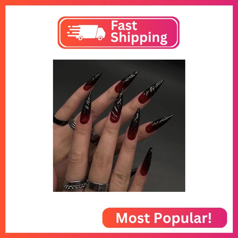 MERVF Long Press on Nails Stiletto – Black Red Ombre French Tip Fake Acrylic Nai