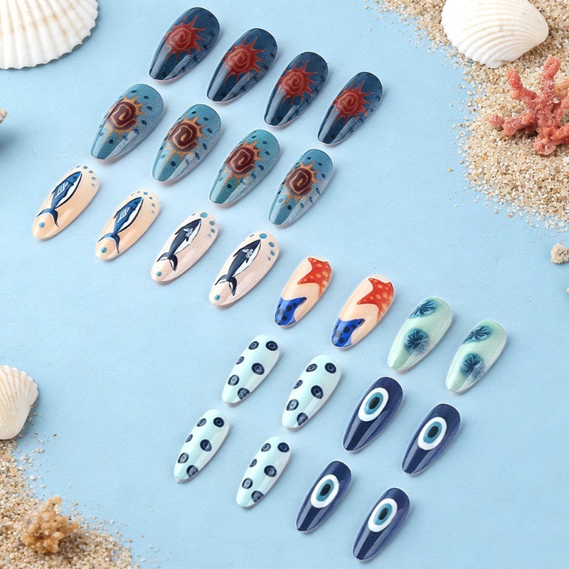 48pcs-Summer Ocean Press on Nails, Medium Stiletto Shark & Starfish Fake Nails