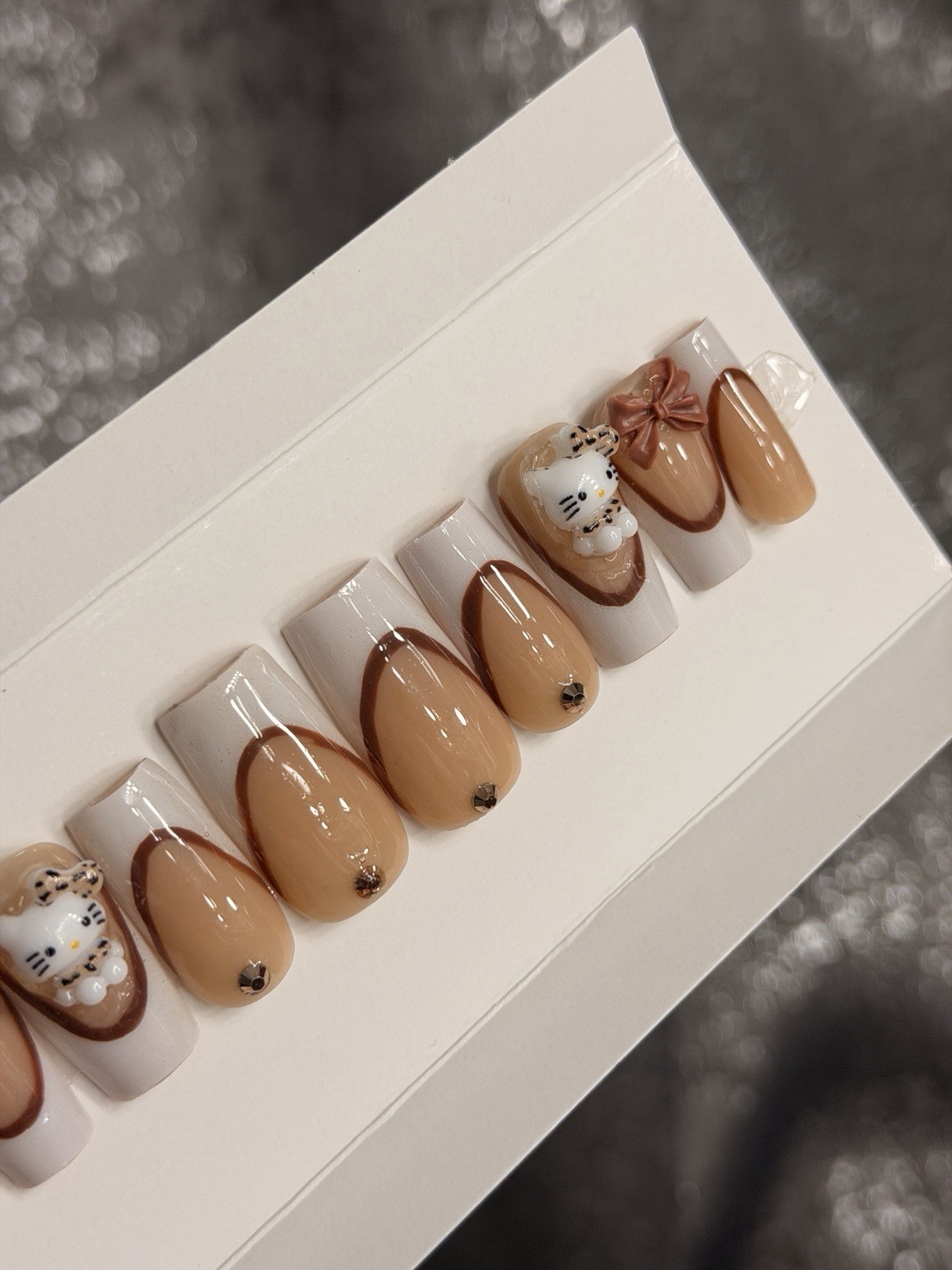✨ CUSTOM Press On Nails Brown Nude HELLO KITTY BLING 10p SET W Kit