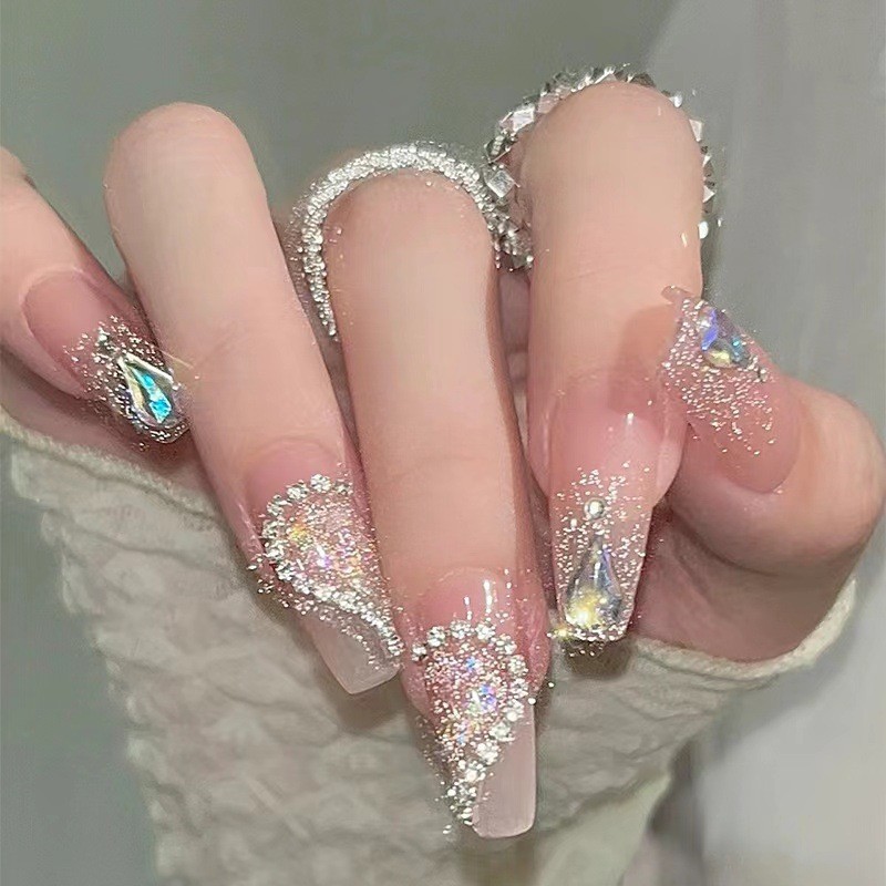 48Pcs-Nude Square Press on Nails Silver Glitter Big Rhinestone Luxury Fake Nails