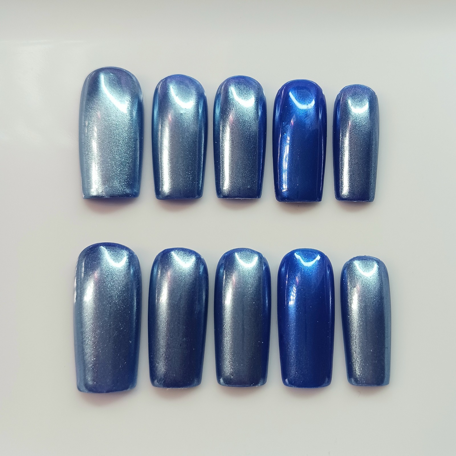 Blue Chrome Square Handmade Press-On Nails 10pcs Set Size S
