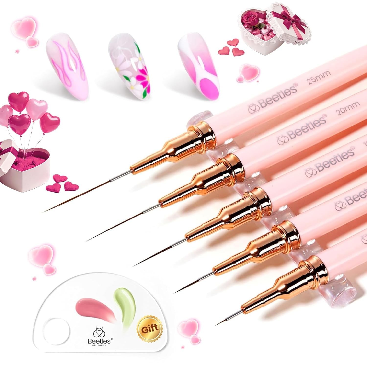 Beetles 5pcs Nail Art Brushes Set for Detailed Designs – Pink Liner Sizes 5-25mm