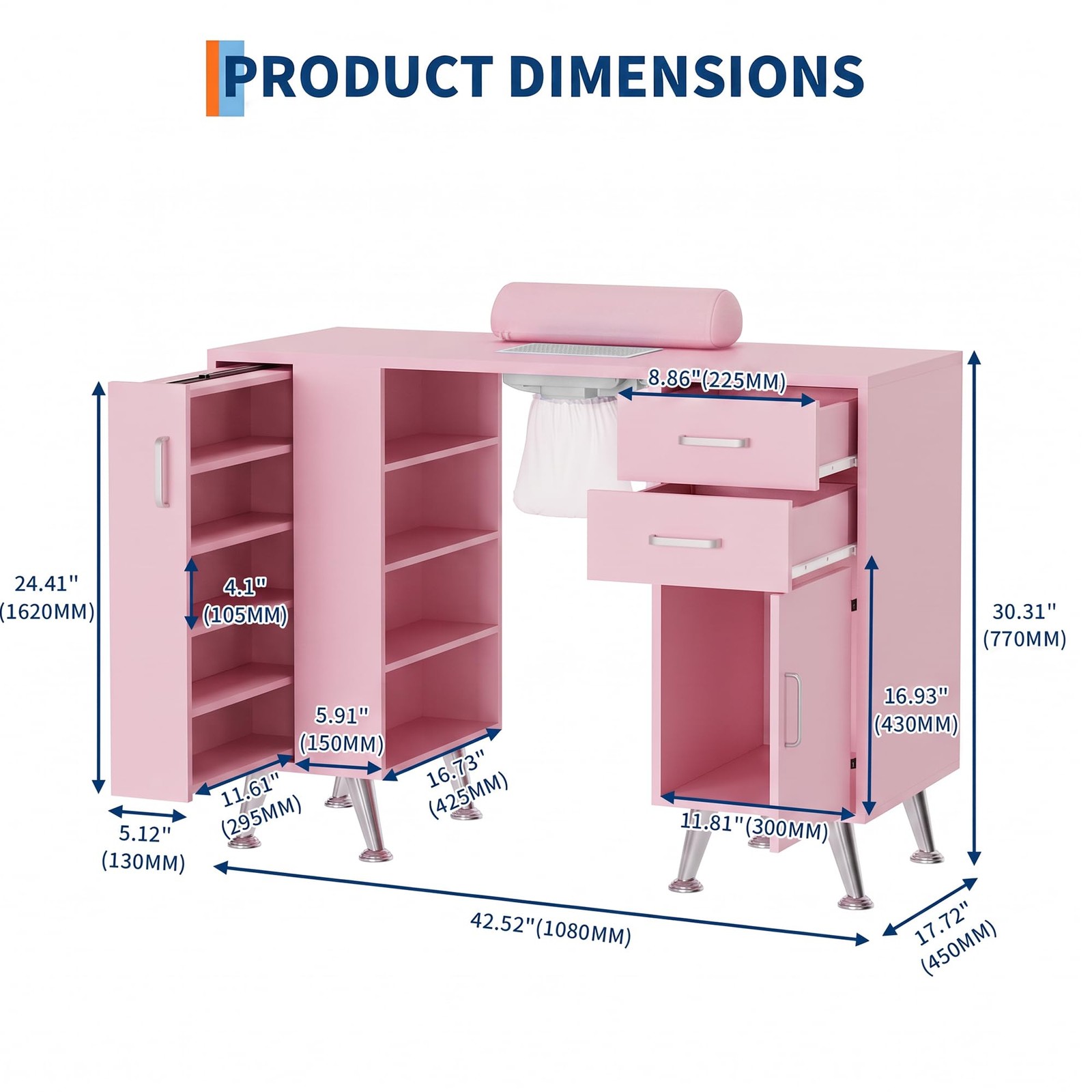 SunnyFurn 42.5” Nail Desk Pink w/ Dust Collector & Storage Drawers