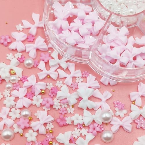Nail Charms, Flower Bow Manicure Kit, Pink White 3D Cute Flower and Bow Nail