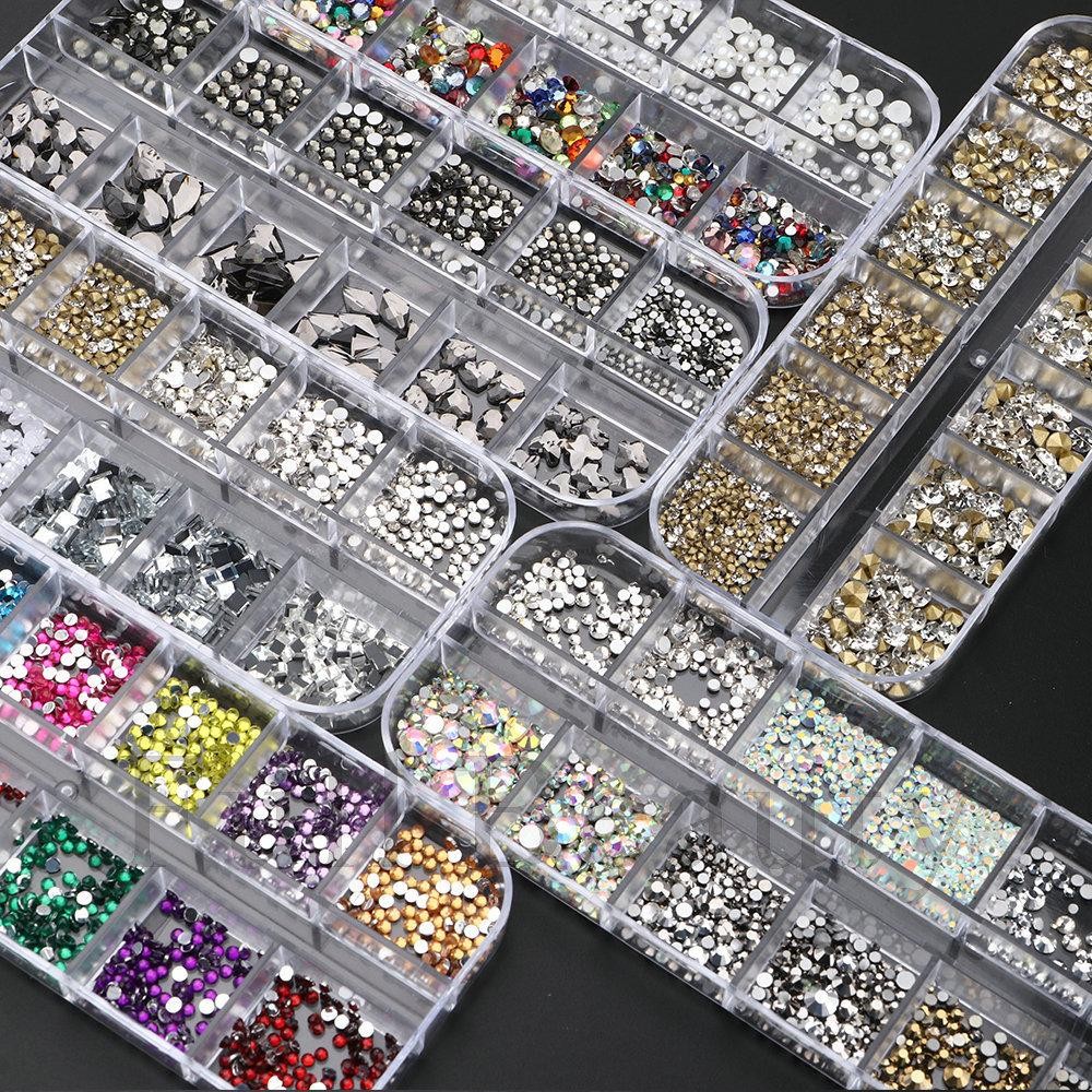 12 Grid Mixed Nail Art Supplies, Beads Flatback Rhinestones Iridescent Charms