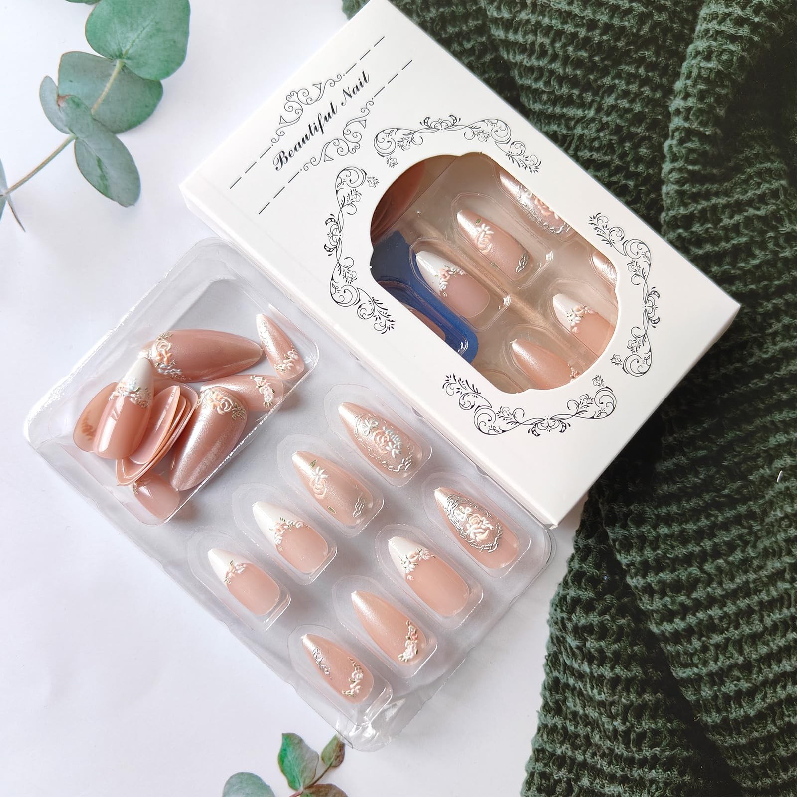 Flower Press on Nails French Tip Medium Almond Fake Nails Pink Glossy Glue on…