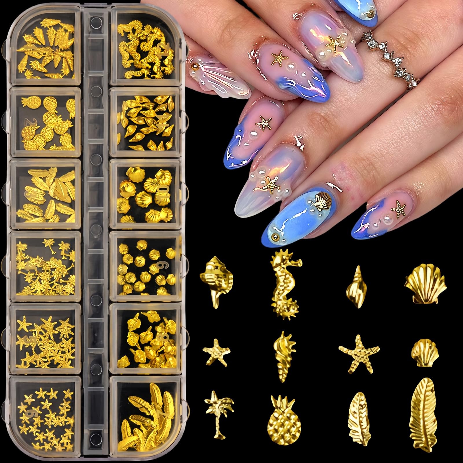 3D Metal Nail Art Studs Mixed Shapes Gold Shell Seahorse Starfish Conch Alloy…