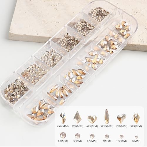 1 Box Nail Art Rhinestones Multi Shapes 3D Flatback Bedazzling Champagne Gold