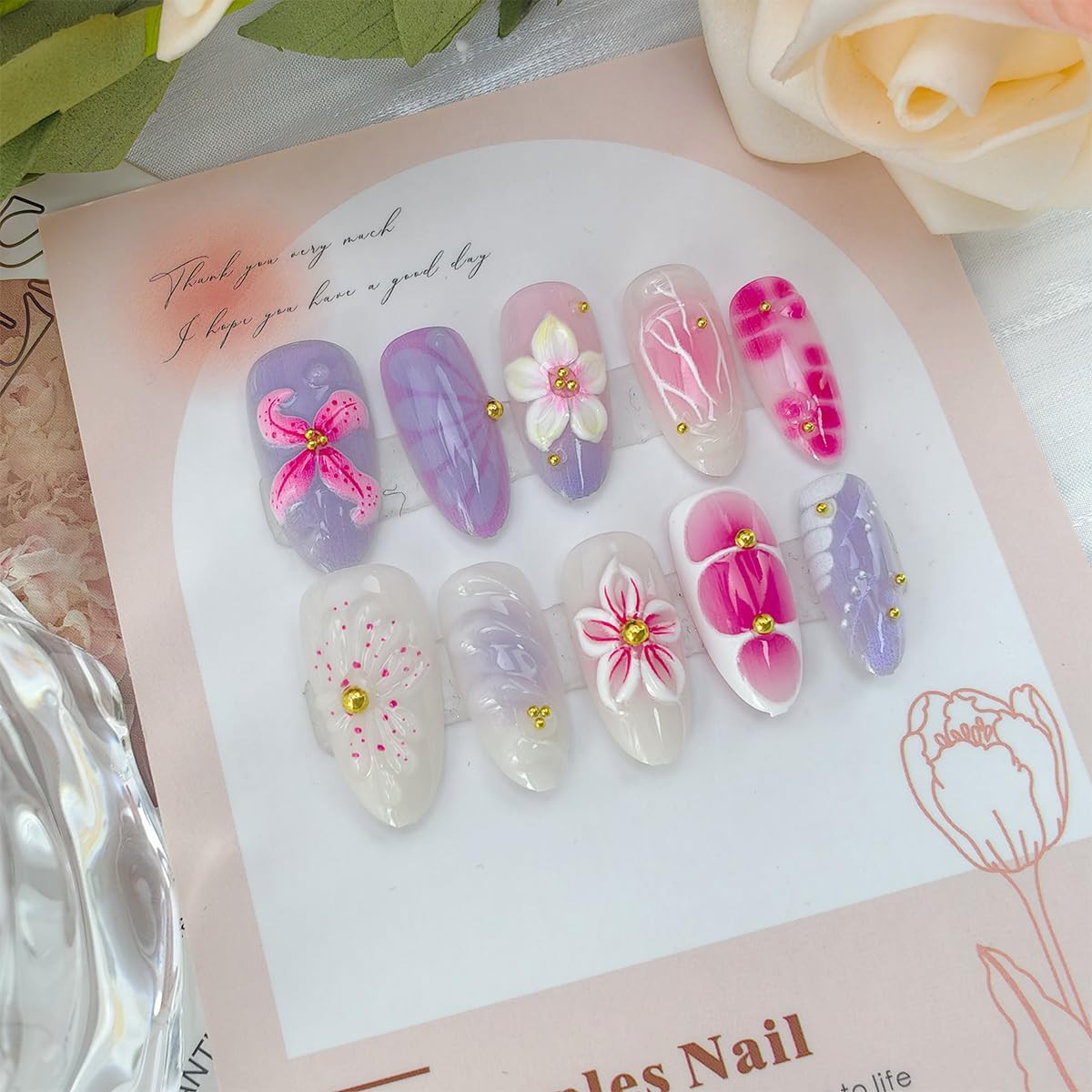 30Pcs Pink Flower Press on Nails Medium Almond Fake Nails with Gold Pearl Rhi…