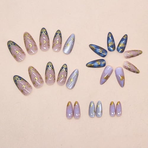 Short Almond Fake Nails – Gold Star Moon Sun Acrylic – Style 7