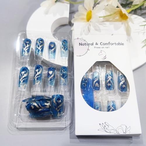 24Pcs Gold Curve Line Press On Nails, Acrylic Fake Nails, Glossy Blue Gradient