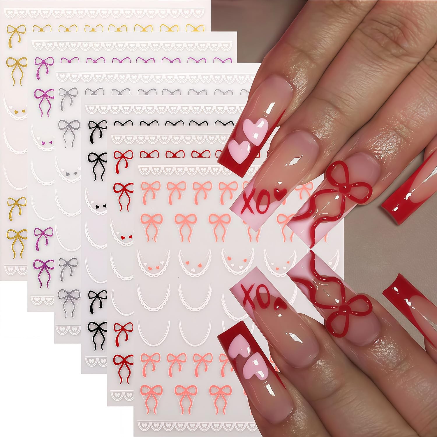 Bow Nail Decals for Nail Art 3D French Tip Nail Stickers Self-Adhesive Decor
