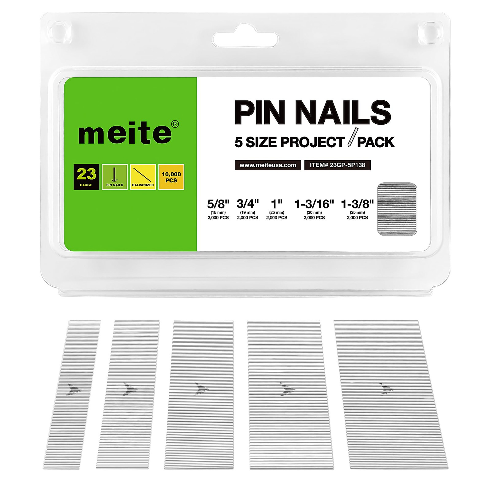 meite 23 Gauge Pin Nails – Assorted 5 Sizes (5/8″ to 1-3/8″), 10,000 Count Galva