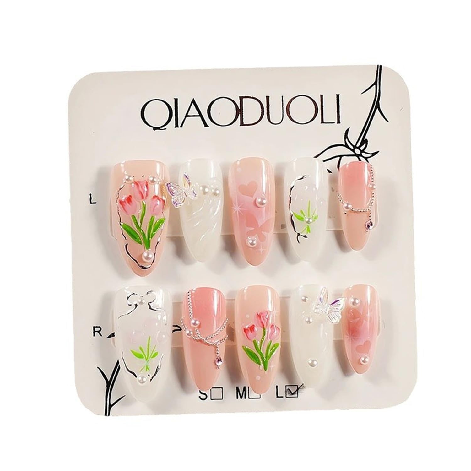 Handmade Nails Almond Press on Nails Medium Length Flower Tulip Fake Nails wi…